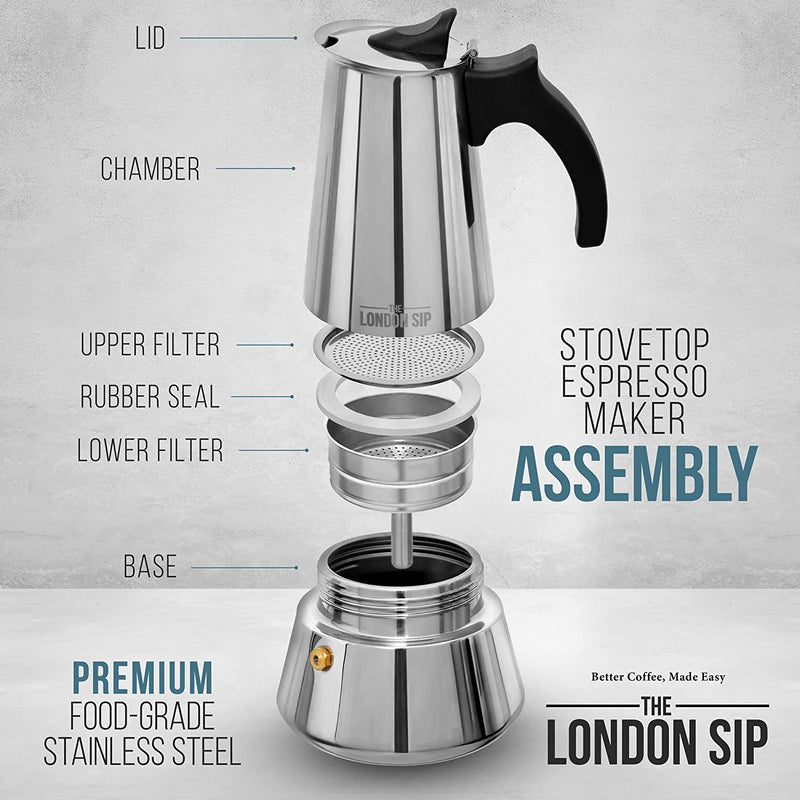 London Sip Stainless Steel Stovetop Espresso Maker Moka Pot Italian Coffee Percolator, Copper, 3 Cup