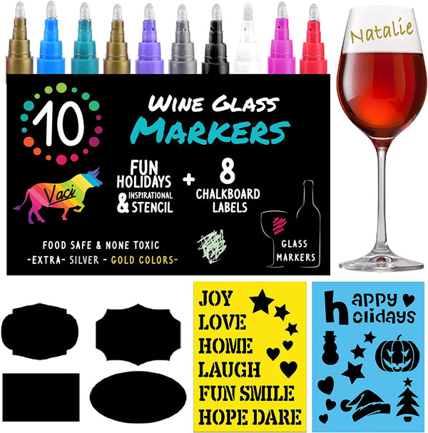 Vaci Markers Wine Glass Markers - 10 Pack | Metallic Color Pens with 2 Stencils & 8 Glass Labels | Washable & Erasable | Great for Parties, Baby Showers, Weddings or Any Occasions | For Adults