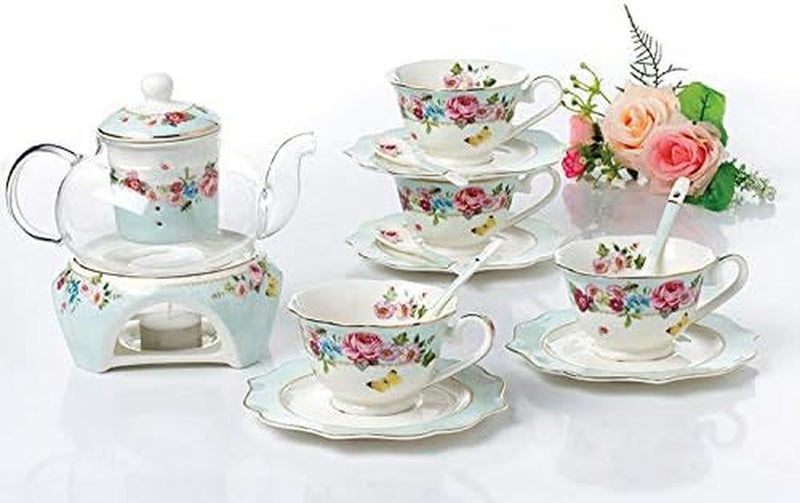 Jusalpha Fine China Flower Series Tea Set-Teacup Saucer Spoon Set with Teapot Warmer & Filter, 16 pcs in 1 set (FDMM Glass pot set 04)