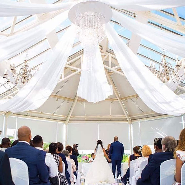 max length 255 Office Party Ceiling Drapes with White Chiffon Fabric - Set of 6 - 5Ft x 10Ft Panels for Wedding Arch Decoration Reception Tent Canopy Events