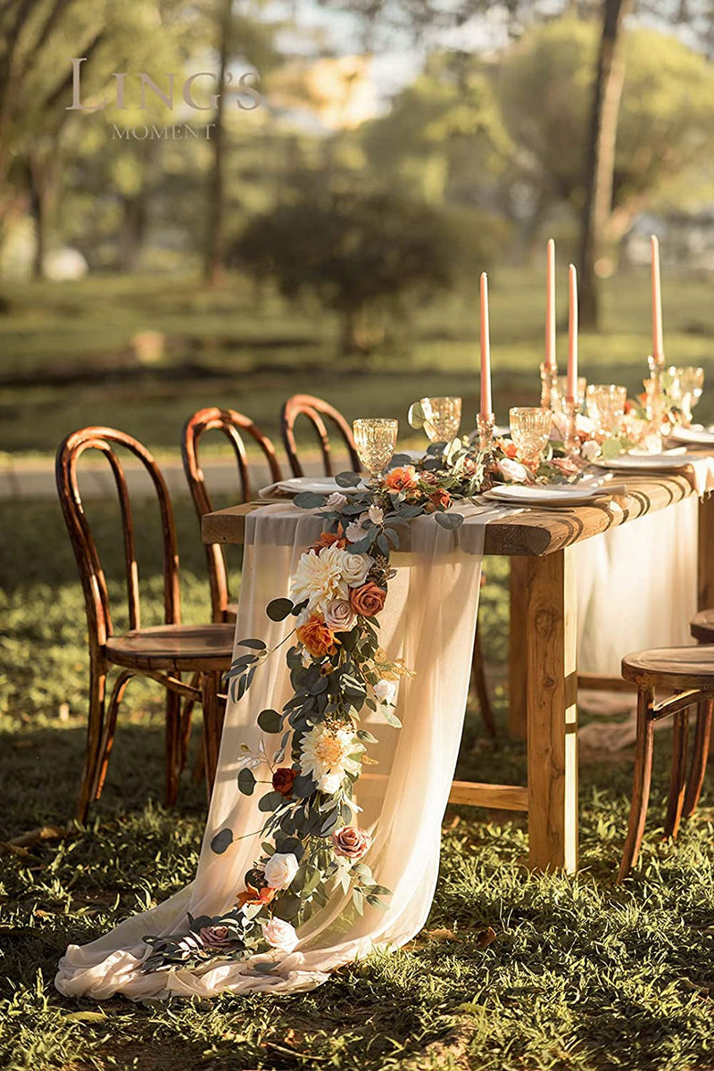 Eucalyptus and Flower 6Ft Garland and Table Runner - Handcrafted Wedding Centerpiece for Bridal Shower or Rehearsal Dinner - Sunset Terracotta