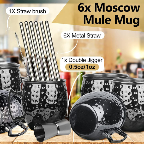 Moscow Mule Mugs- Set of 6 Gunmetal Black Plated 18oz Stainless Steel Mug Double Jigger Chilled Drink Cocktail Mug (6pcs)