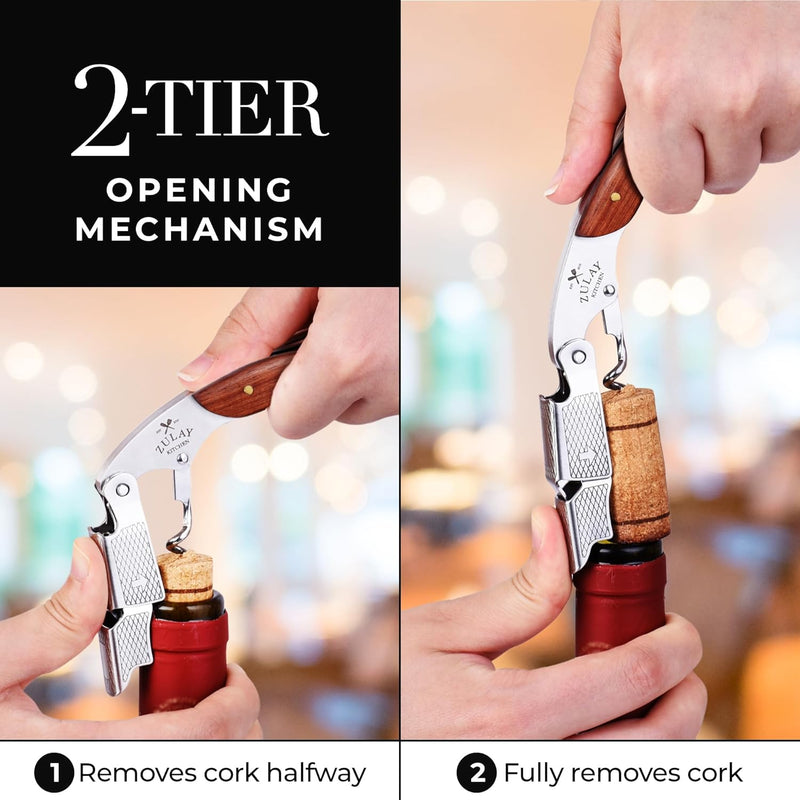Zulay Wine Opener - Professional Corkscrew Wine Opener with Foil Cutter & Cap Remover - Double Hinged Wine Bottle Opener - Manual Wine Key for Servers, Waiters, Bartenders & Home Use - Rosewood