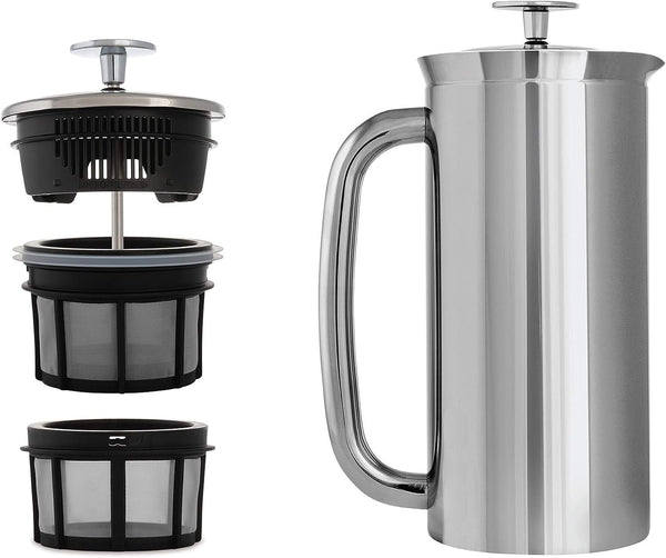 ESPRO - P7 French Press - Double Walled Stainless Steel Insulated Coffee and Tea Maker with Micro-Filter - Keep Drinks Hotter for Longer (Polished Stainless Steel, 18 Oz) + Extra Tea Micro-Filter