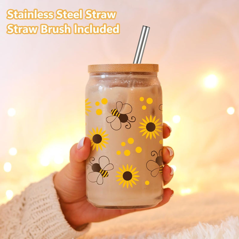 LEADO Bee Gifts, Bee Themed Gifts, Sunflower Gifts for Women - Iced Coffee Cup, Cute Glass Cup with Lid & Straw - Honey Bee Gifts, Aesthetic Gifts, Christmas, Birthday Gifts for Bee Lovers