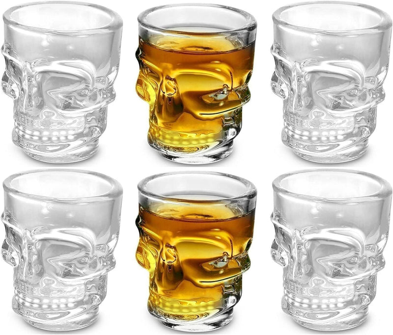 Circleware Skull Face Heavy Base Whiskey Shot Glasses, Set of 6, Party Home and Entertainment Dining Beverage Drinking Glassware for Brandy, Liquor, Bar Decor, Jello Cups, 1.75 oz, Clear