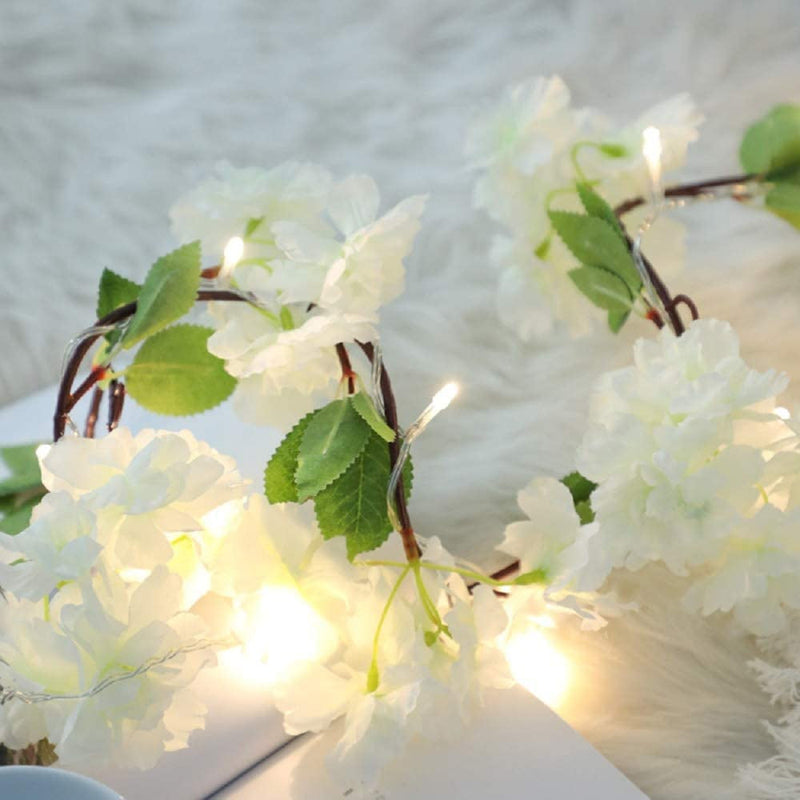 Cherry Blossom Hanging Vines String Lights with Hydrangea Flowers - Battery Powered - Home Garden Wedding Party Decor White 2M20 Led