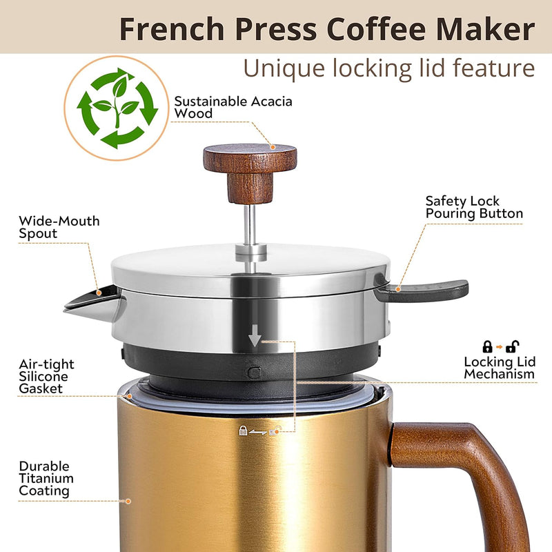 French Press Travel Coffee Press - Travel French Press Coffee Maker Set, French Coffee Grinder Set, Insulated French Press with Grinder, Outdoors Coffee Maker Kit, 34 OZ French Press Gift Set