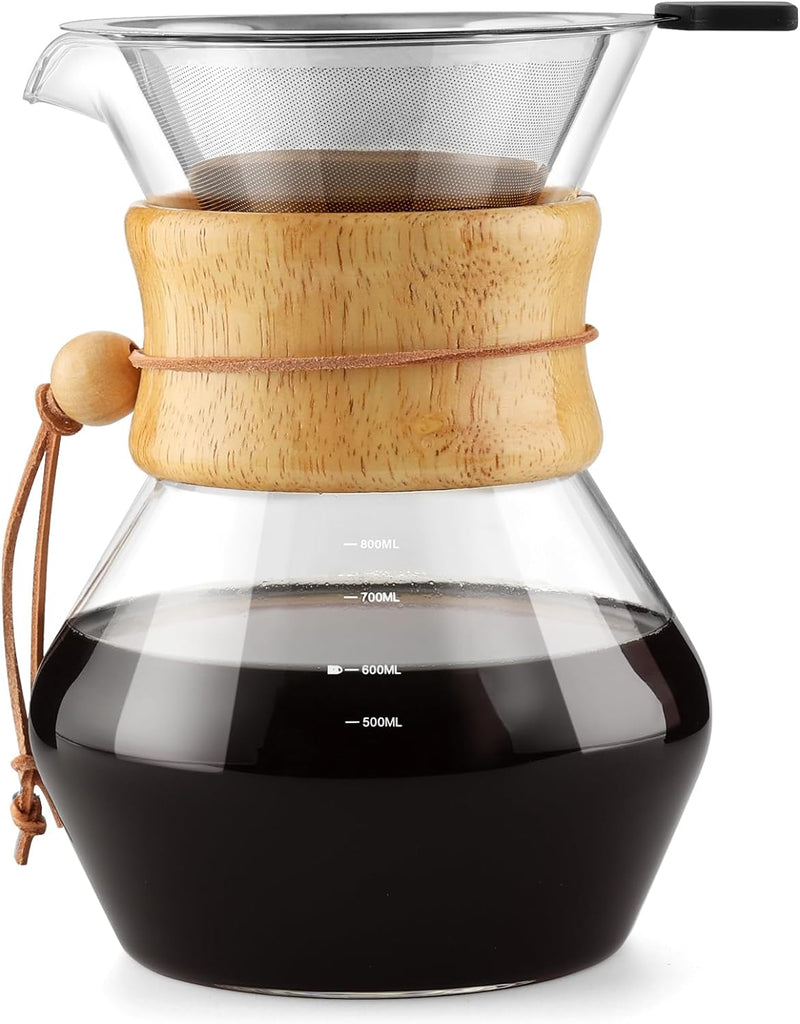 COPOTEA Pour Over Coffee Maker with Double Layer Stainless Steel Filter, 28oz / 800ml Coffee Dripper Brewer, High Heat Resistant Carafe, Wooden Collar Coffee Carafe