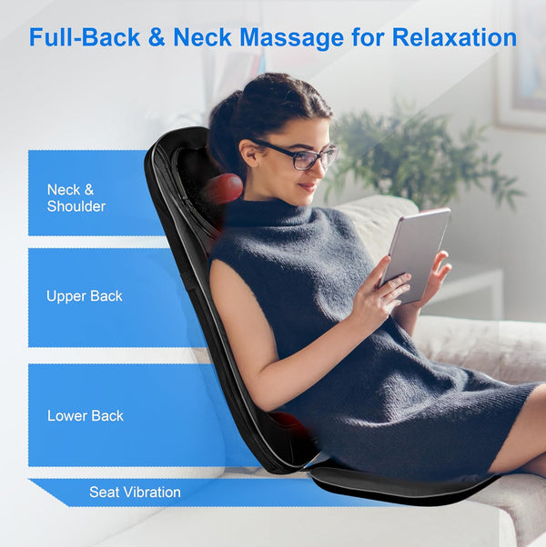 CooCoCo Shiatsu Neck & Back Massager with Heat - Kneading Massage Chair Pad for Full Body Pain Relief, Chair Massager with Height Adjustment, Gifts for Elder, Man or Woman