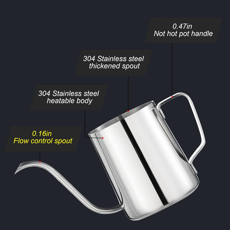 PARACITY Pour Over Kettle Gooseneck Spout Coffee Tea Pot 12OZ Hanging Ear Hand Blunt Long Narrow Drip Cup for Coffee Maker Carafe, Camping Coffee Pot for Travel Outdoor(Stainless Steel)