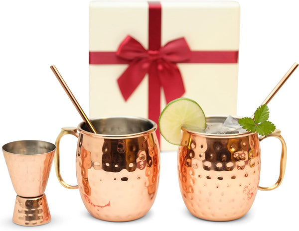Kitchen Science [Gift Set] Moscow Mule Mugs, Stainless Steel Lined Copper Moscow Mule Cups Set of 2 (18oz) w/Straws & Jigger. | Tarnish-Resistant Stainless Steel Interior (Set of 2)