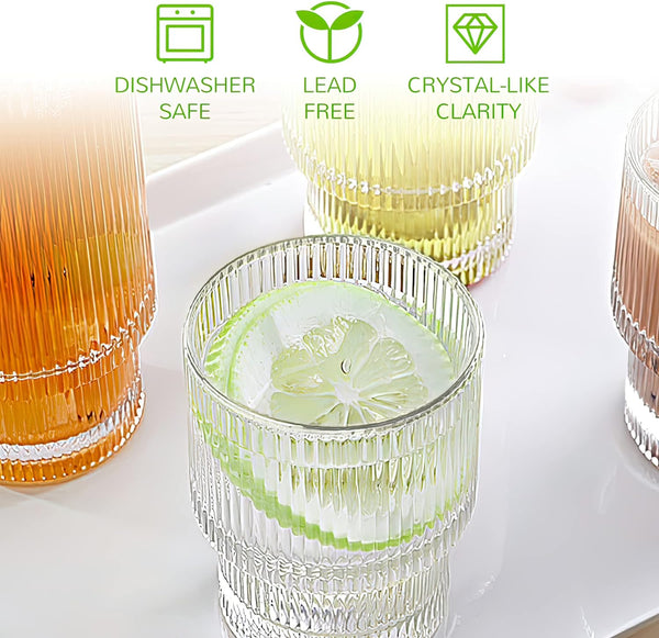 Lvtrupc 10Pcs Ribbed Glass Cups - Highball Glasses & Small Water Drinking Glasses, Vintage Fluted Glassware Sets for Iced Coffee Whiskey Cocktail, Unique Cute Gifts with Straws & Cleaning Brush