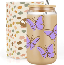 GSPY Butterfly Iced Coffee Cup, Cute Glass Cups with Lids and Straws - Butterfly Gifts for Women, Girls - Christmas Gifts for Friend, Cute Mugs Aesthetic Coffee Cup, 16oz Butterfly Mug Tumbler