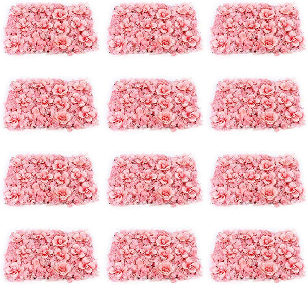 12 Pack Artificial Flower Wall Panels - Hydrangea and Rose Backdrop for Wedding and Events - Pink 12 PCS