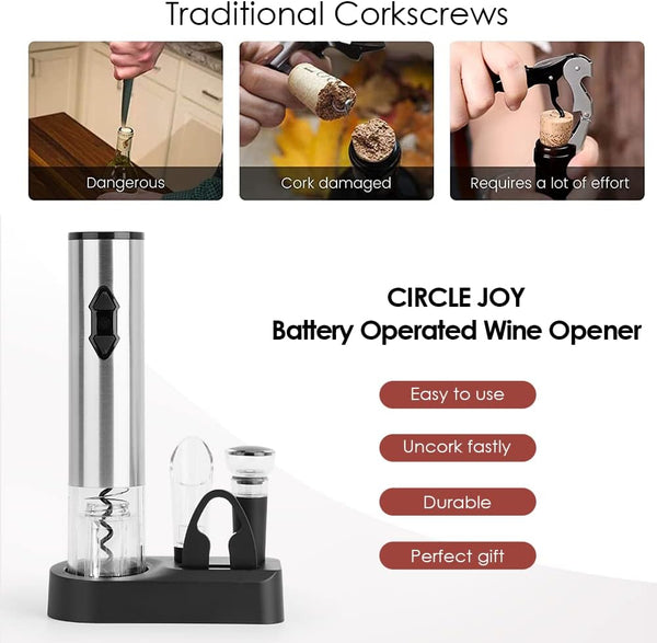 CIRCLE JOY Electric Wine Openers Set - Battery Powered Motorized Operated Cordless Automatic Corkscrew Opener Puller Kit with Attached Foil Cutter Stopper Wine Aerator Pourer, Stainless Steel