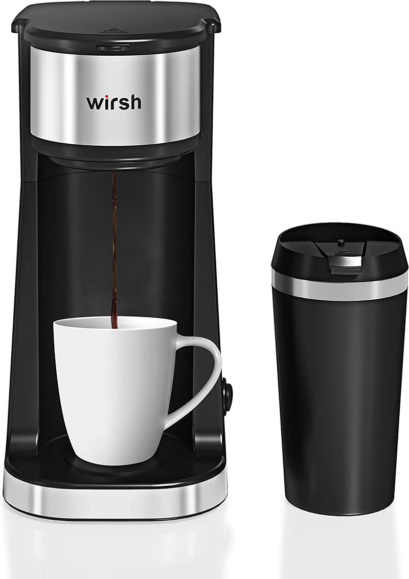 wirsh Single Serve Coffee Maker- Small Coffee Maker with Programmable Timer and LCD display, Single Cup Coffee Maker with 14 oz.Travel Mug and Reusable Coffee Filter,NON-POD Coffee Maker,Black