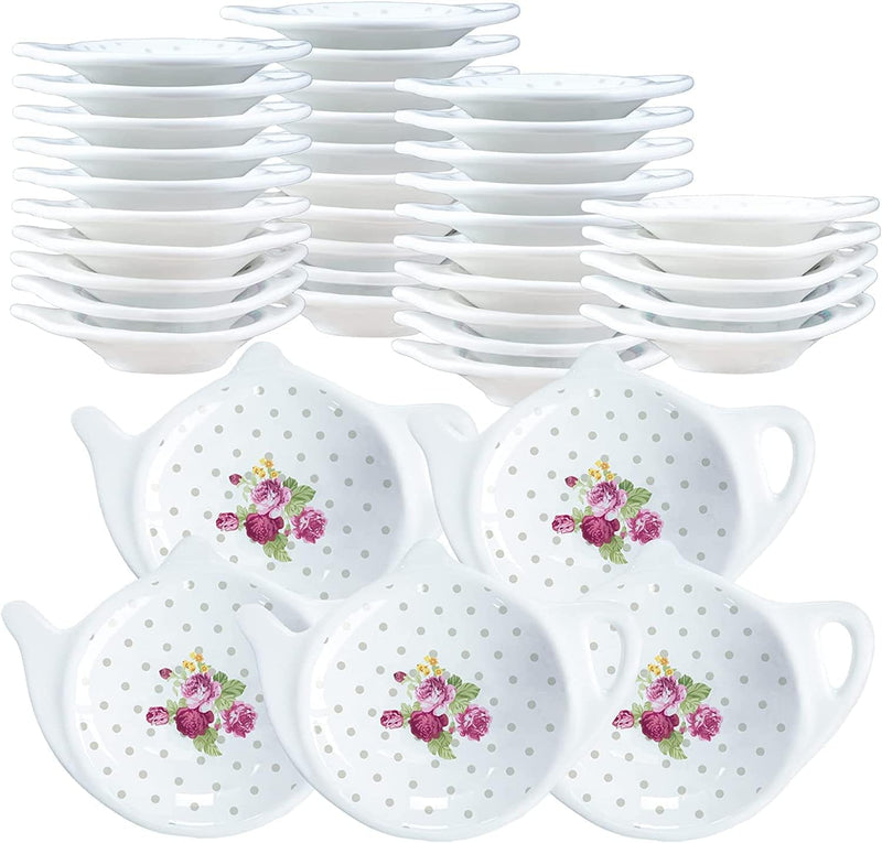 SOCOSY Vintage Flower Porcelain Tea Bag Holder Teapot Shaped Tea Bag Coaster, Little Spoon Rest Tea Accessories Resting Caddy Seasoning Dish for Sauce Dessert, 4 Inch-Roses-5 PCS
