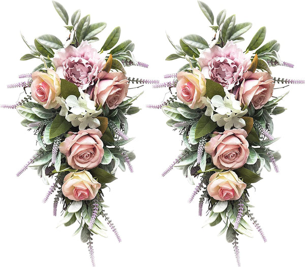 2 Pack 20 Inch Spring Summer Teardrop Swag for Front Door, Decorative Swag Artificial Floral Teardrop with Rose Peony Carnations for Wedding Wall and Home Deocr