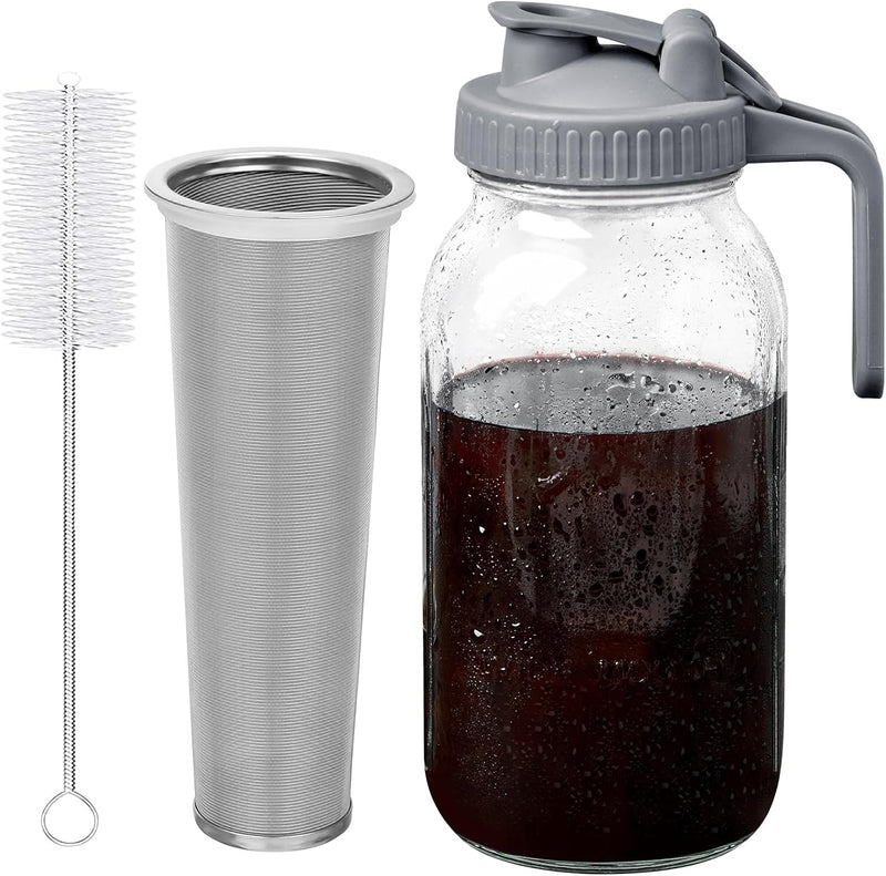 OneDream Cold Brew Coffee Maker - 32oz Grey Stainless Steel Filter Cold Brew Mason Jar, No Leaks Cold Brew Mason Jar Coffee Maker, Easy to Clean Cold Coffee Maker