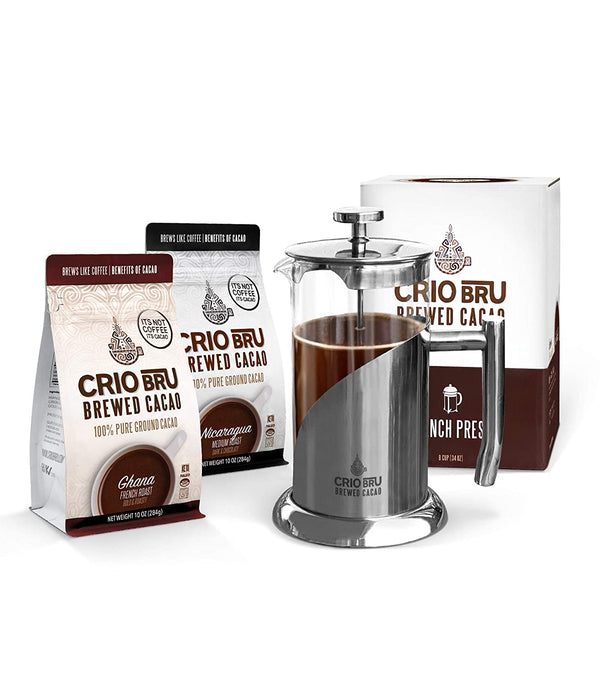 Crio Bru Welcome Starter Kit (2 10oz Bags + French Press) | Natural Healthy Brewed Cacao Drink | Great Substitute to Herbal Tea and Coffee | 99% Caffeine Free | Keto Honest Energy