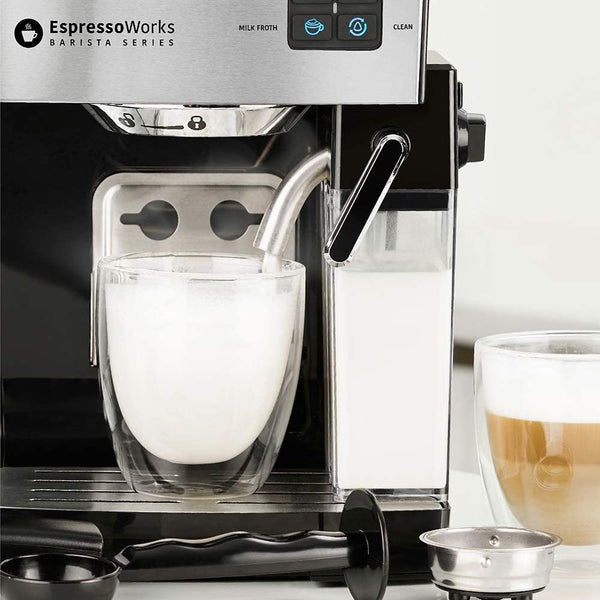 EspressoWorks 19-Bar Espresso, Cappuccino and Latte Maker 10-Piece Set - Brew Cappuccino and Latte with One Button - Espresso Machine with Milk Steamer 1250W - Coffee Gifts (Silver)