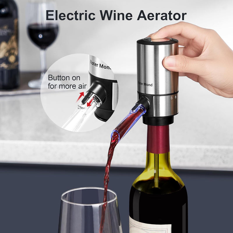 Electric Wine Opener Set, Roter Mond Automatic Wine Bottle Opener set with Electric Wine Decanter Aerator Wine Foil Cutter 2 Vacuum Stoppers, 5-in-1 Wine Gift for Home Party Thanksgiving Christmas