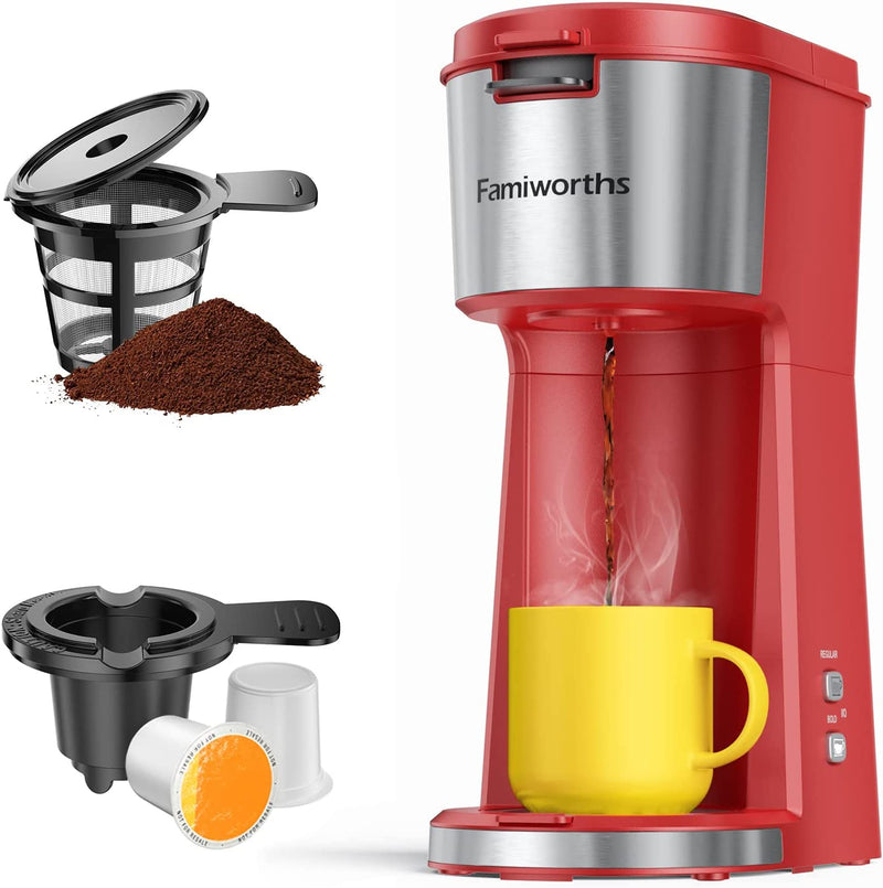 Famiworths Single Serve Coffee Maker for K Cup & Ground Coffee, With Bold Brew, One Cup Coffee Maker, 6 to 14 oz. Brew Sizes, Fits Travel Mug, Classic Black