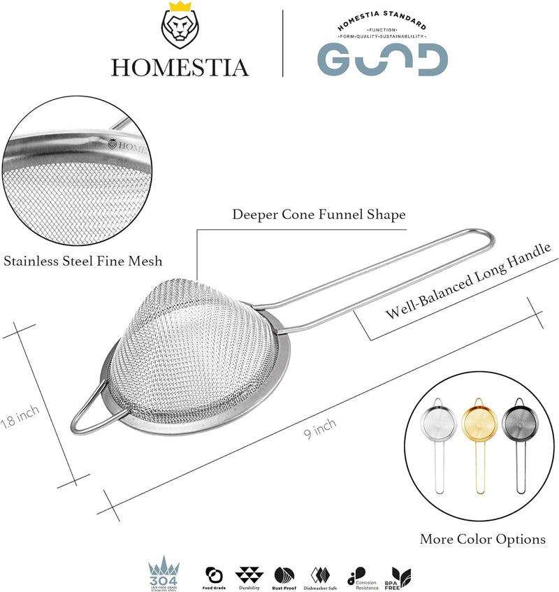 Homestia 2 Pcs Fine Mesh Sieve Strainer Stainless Steel Double Cocktail Strainer Coffee Strainers Tea Strainer with Long Handle Double Straining Utensil 3.3 inch