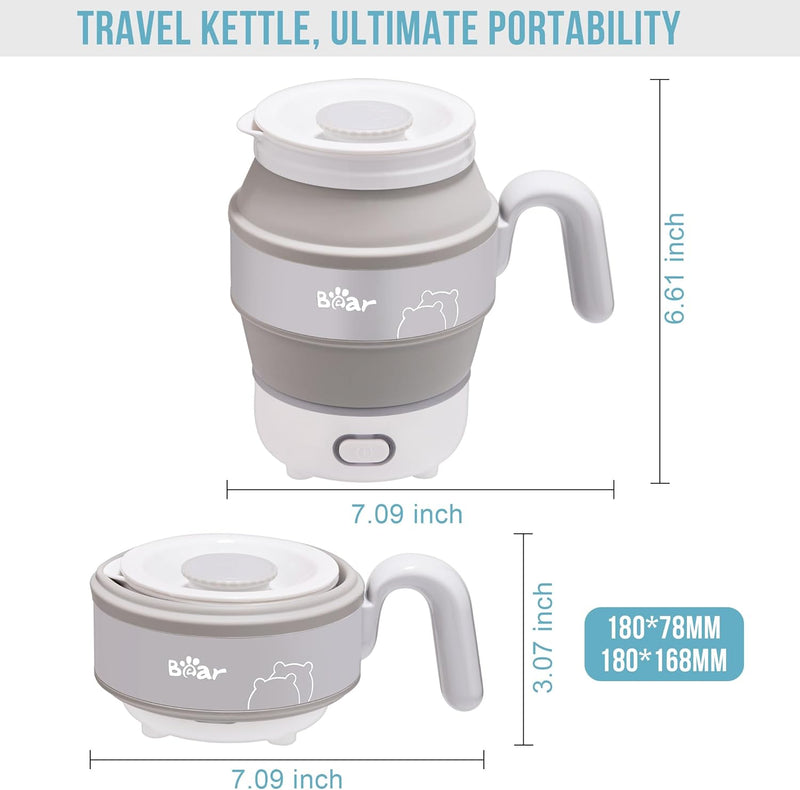 Bear Travel Electric Kettle, Foldable Portable Kettle, Food Grade Silicone Small Electric Tea Kettle Auto Shutoff & Boil Dry Protection, 600ml Collapsible Kettle Water Boiler