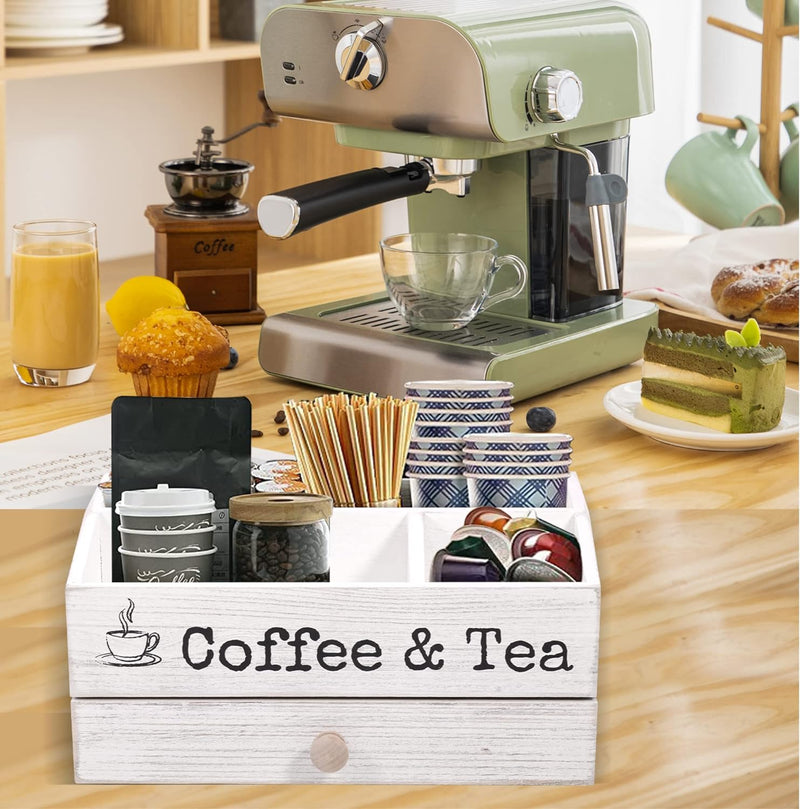 Mandikays | Coffee & Tea Station with 1.8" Drawer | KCup and Tea Bag Storage | Wooden Rustic White Organizer for Countertop