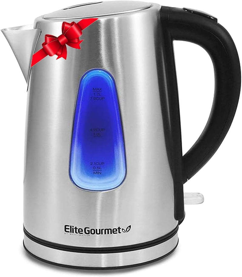 Elite Gourmet EKT1001B Electric 1.0L BPA-Free 1100W Glass Kettle Cordless 360° Base, Stylish Blue LED Interior, Handy Auto Shut-Off Function – Quickly Boil Water For Tea & More, Graphite Black
