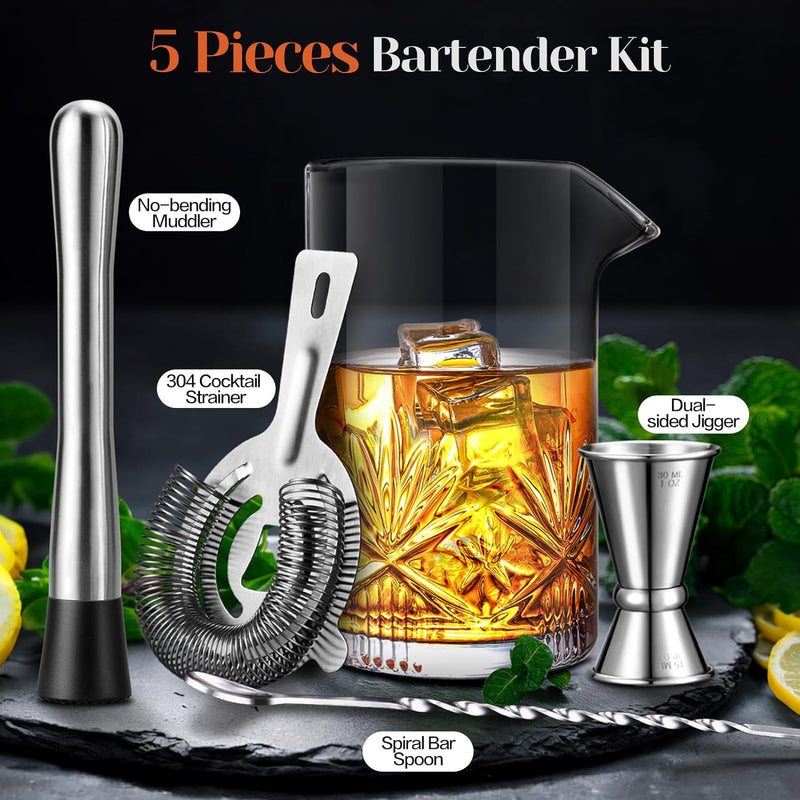 Cocktail Mixing Glass, veecom 18oz Crystal Mixing Glass Bartender Kit, 5 Piece Bar Mixing Glass Old Fashioned Cocktail Kit with Strainer, Muddler, Spoon, Jigger, Cocktail Mixer (5P Mixing Glass)