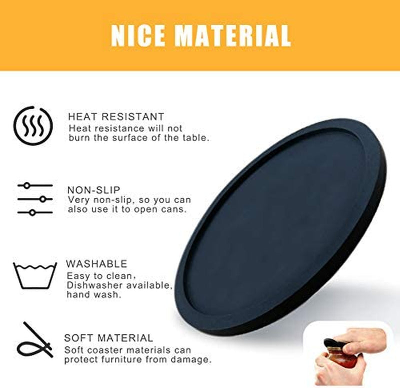 Silicone Drink Coasters Set of 4, Non-Slip Cup Coasters, Heat Resistant Cup Mate, Soft Coaster for Tabletope Protection, Furniture from Damage (Black)