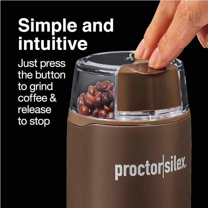 Proctor Silex Electric Coffee Grinder for Beans, Spices and More, Stainless Steel Blades, 12 Cups, Brown