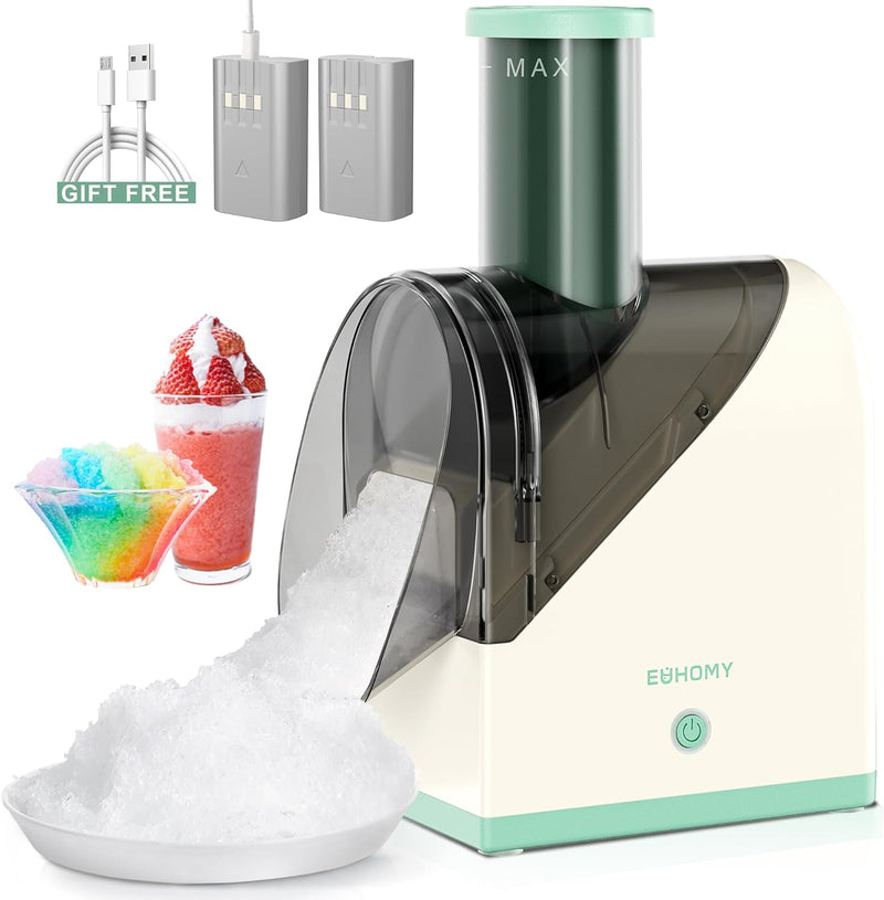 EUHOMY Shaved Ice Machine with Battery, USB Rechargeable, Crushed Ice in 3s, 45 lbs in 40 Mins, Dual Steel Blades, Easy-to-Clean, Snow Cone Maker with Scraper, for Home/Kitchen/Camping. (White)