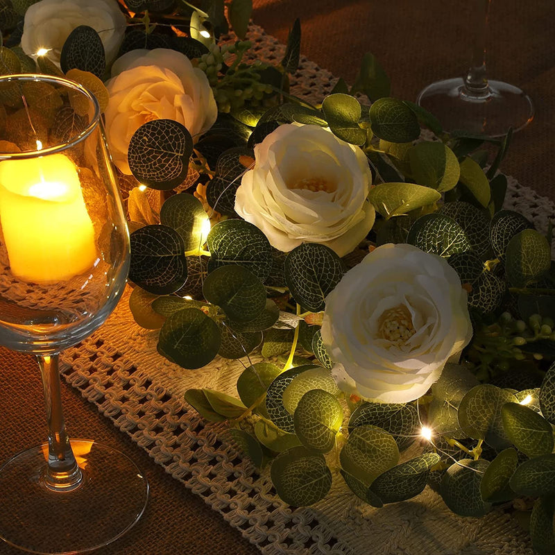 Eucalyptus Garland with White Camellias and Lights - Perfect for Weddings and Home Decor