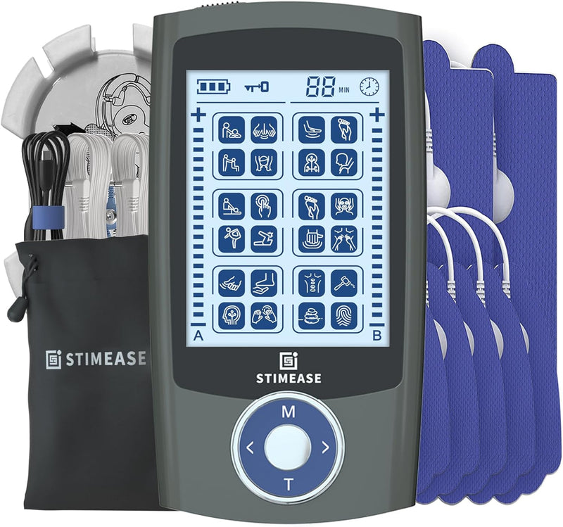 TENS EMS Unit Muscle Stimulator - 24 Modes, Dual Channel, Rechargeable Pulse Massager for Back, Neck, Muscle Pain Relief. with 12 Electrode Pads, ABS Pads Holder, USB Cable