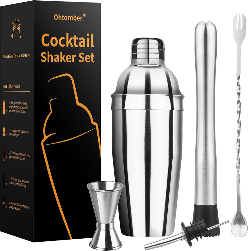 Ohtomber Cocktail Shaker Bartender Kit - 5PCS Cocktail Martini Shaker with Strainer, Muddler for Cocktails, Bar Spoon, Measuring Jigger for Bartending and Liquor Bottle Pourers, Drink Mixer Bar Tools