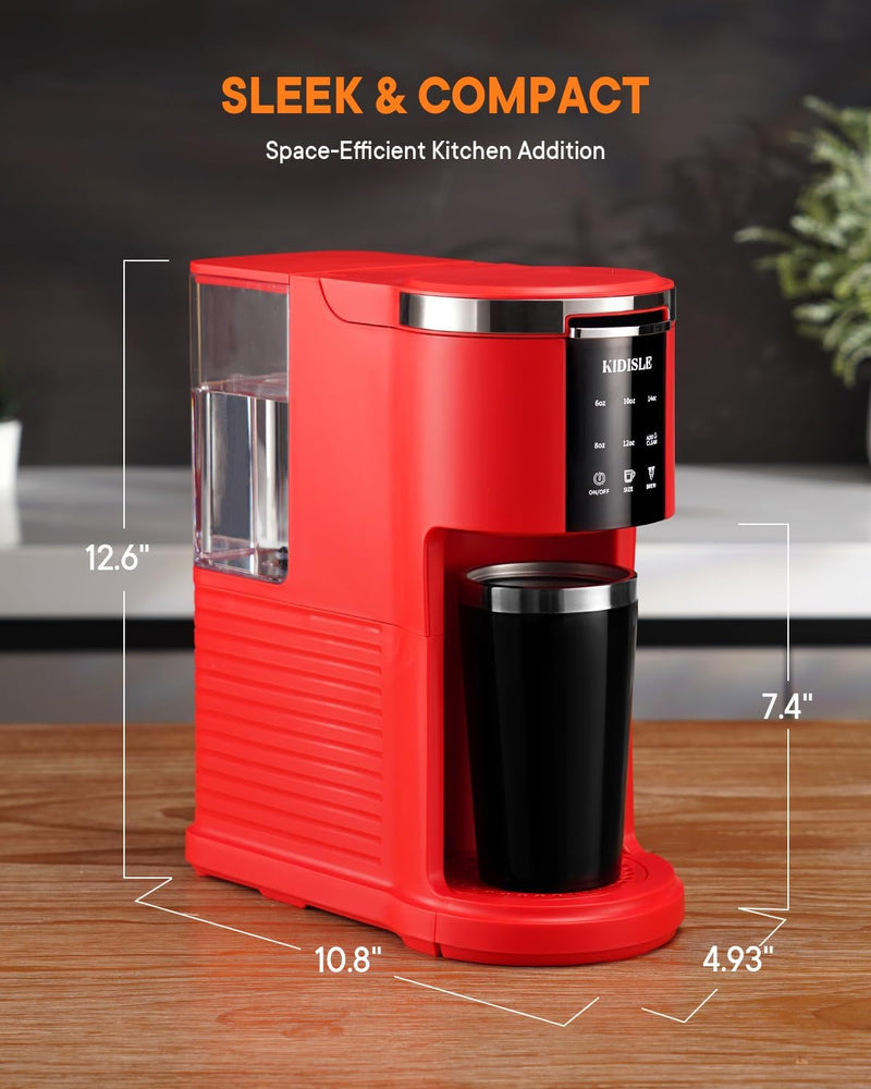 KIDISLE 3 in 1 Single Serve Coffee Maker for K Cup Pods & Ground Coffee & Teas, 6 to 14oz Brew Sizes, with 40oz Removable Water Reservoir, Self-cleaning Function, Red