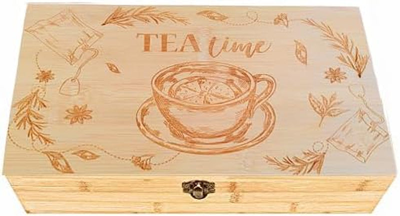 Beyond Your Thoughts Bamboo Tea Box Father's Day Gift Tea Chest Adjustable 16 Compartments Tea Storage Holder Organizer with Latching Lid Leaves