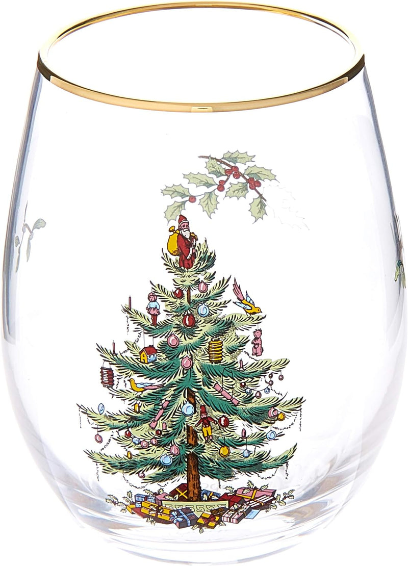 Spode Christmas Tree Glassware - Set of 4 -Made of Glass – Gold Rim- Classic Drinkware - Gift for Christmas, Holidays, or Wedding - Drinking Glasses (Highballs)