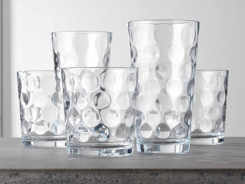 Drinking Glasses Set Of 16 - By Home Essentials & Beyond - 8 Highball Glasses (17 oz.), 8 Rocks Whiskey Glass cups (13 oz.), Inner Circular Lensed Glass Cups for Water, Juice and Cocktails.