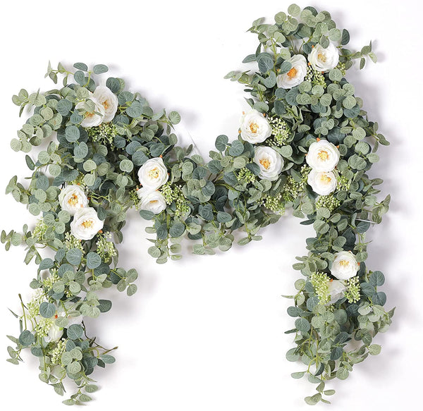 656Ft Eucalyptus Garland with Flowers and White Roses - Artificial Greenery for Party and Wedding Decoration