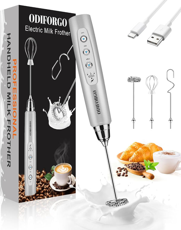 ODIFORGO Rechargeable Milk Frother Handheld, Electric Drink Mixer with 3 Stainless Whisks 3 Speed Adjustable, Coffee Foam Maker, Electric Whisk, Coffee Frother Wand for Latte Matcha Protein Powder
