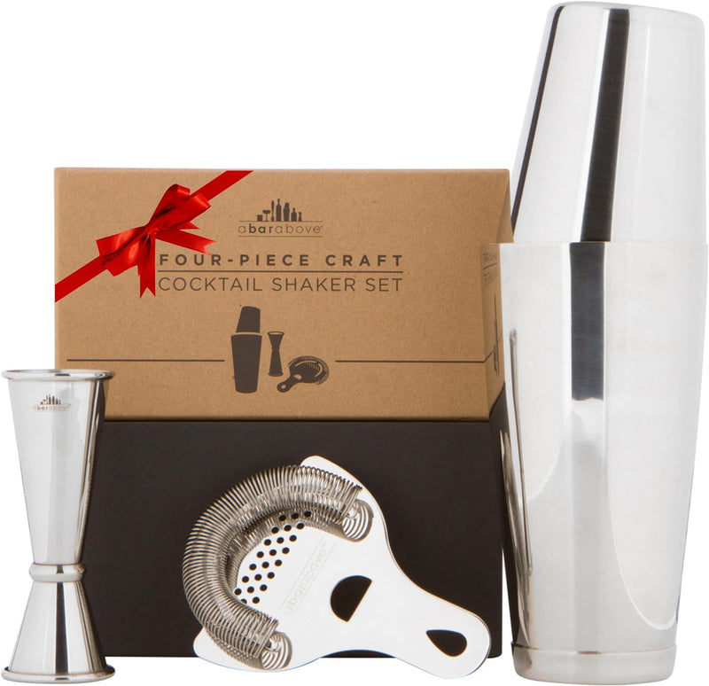 A Bar Above 4-Piece Cocktail Shaker Gift Set for Professional & Home Bar – Premium Bar Kit Accessories – Bar Gifts Set for Men & Women – Includes Boston Cocktail Shaker, Strainer & Japanese Jigger