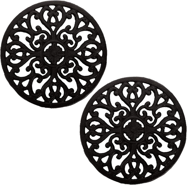 Hedume 2 Pack Cast Iron Trivet, 6.8" Cast Iron Round Trivet with Vintage Pattern and Rubber Pegs/Feet for Serving Hot Dish, Pot, Pans and Teapot on Kitchen Countertop or Dinning