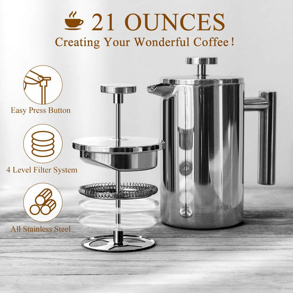 BAYKA French Press Coffee Maker, Stainless Steel 21oz Double-Wall Metal Insulated Coffee Tea Makers with 4 Level Filtration System, Rust-Free, Dishwasher Safe