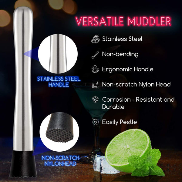 Hiware 10 Inch Stainless Steel Cocktail Muddler and Mixing Spoon Home Bar Tool Set - Create Delicious Mojitos and Other Fruit Based Drinks