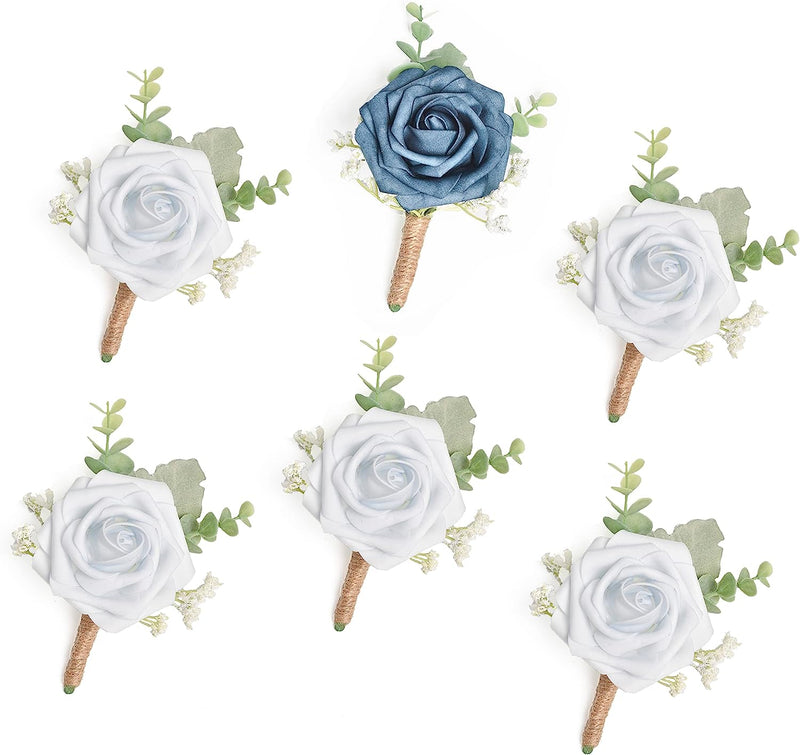 ANNKIN Dusty Blue Boutonniere with Eucalyptus for Men, Set of 6, Wedding Flower Boutonnieres with Pins for Groom and Best Man Wedding Ceremony Anniversary, Homecoming Prom Party